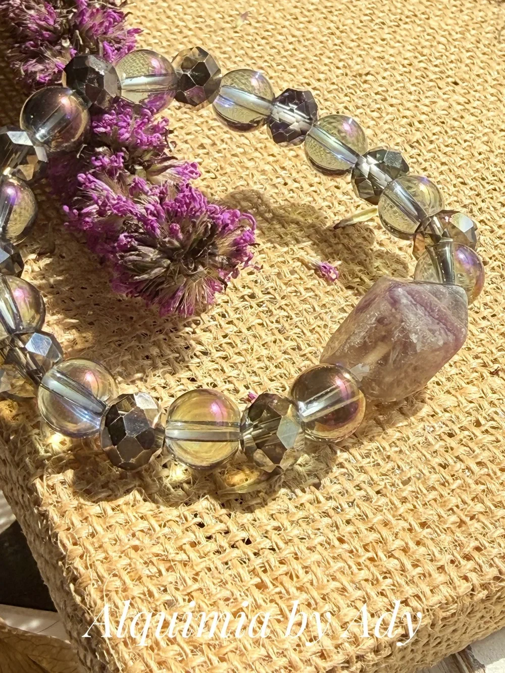 Iridescent Gray Aura Quartz and Purple  fluorite Crystal Bead Bracelet